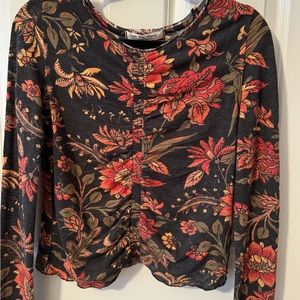 Free People Fitted Tee with Rusching; Floral Print, Semi Sheer, Charcoal color